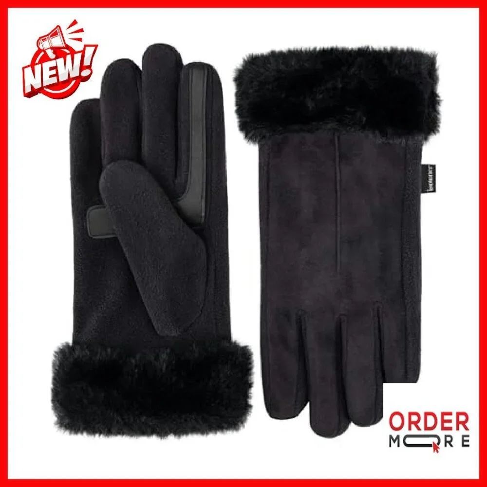 Water Repellent Touchscreen Gloves Faux Fur Cuff Fleece Lined Stretch Fit
